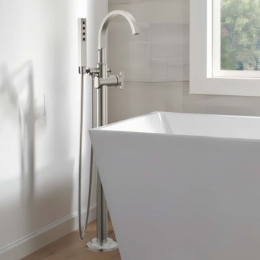 Click here to see Delta T4788-SS-PR-LHP-FL Delta Tetra Freestanding Tub Filler with 1.75 GPM Hand Shower, High Arc Spout, Less Handles, 10 GPM, Lumicoat Stainless - T4788-SS-PR-LHP-FL