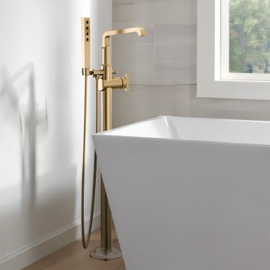 Click here to see Delta T4789-CZ-PR-LHP-FL Delta Tetra Freestanding Tub Filler with 1.75 GPM Hand Shower, High Arc Spout, (Less Handles), Lumicoat Champagne Bronze - T4789-CZ-PR-LHP-FL