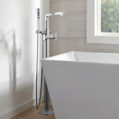 Click here to see Delta T4789-PR-LHP-FL Delta Tetra Freestanding Tub Filler with 1.75 GPM Hand Shower, High Arc Spout, (Less Handles), Lumicoat Chrome - T4789-PR-LHP-FL
