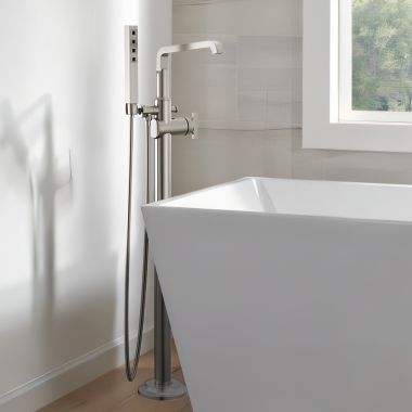 Click here to see Delta T4789-SS-PR-LHP-FL Delta Tetra Freestanding Tub Filler with 1.75 GPM Hand Shower, High Arc Spout, (Less Handles),  Lumicoat Stainless - T4789-SS-PR-LHP-FL