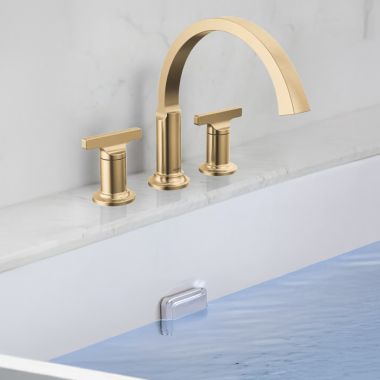Click here to see Delta T2788-CZ-PR-LHP Delta Tetra Roman Tub Trim, Mid- Height Spout, (Less Handles), Lumicoat Champagne Bronze - T2788-CZ-PR-LHP