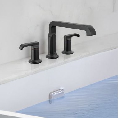 Click here to see Delta T2789-BLLHP Delta Tetra Roman Tub Trim, Angular Spout, (Less Handles), Matte Black - T2789-BLLHP