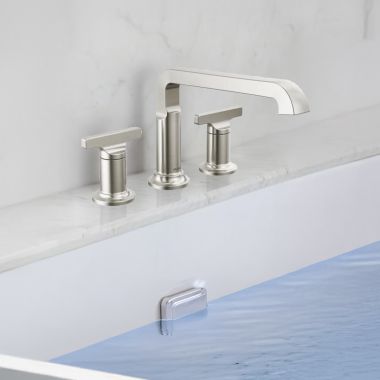 Click here to see Delta T2789-SS-PR-LHP Delta Tetra Roman Tub Trim, Angular Spout, (Less Handles), Lumicoat Stainless - T2789-SS-PR-LHP