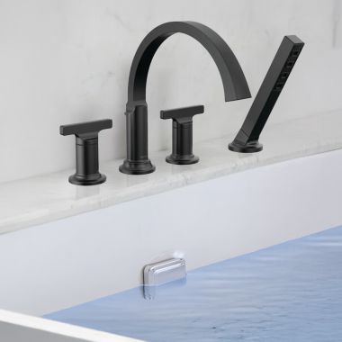 Click here to see Delta T4788-BLLHP Delta Tetra Roman Tub Trim with Hand Shower, Mid-Height Spout, (Less Handles), Matte Black - T4788-BLLHP