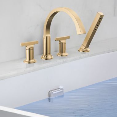 Click here to see Delta T4788-CZ-PR-LHP Delta Tetra Roman Tub Trim with Hand Shower, Mid-Height Spout, (Less Handles), Lumicoat Champagne Bronze - T4788-CZ-PR-LHP
