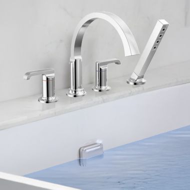 Click here to see Delta T4788-PR-LHP Delta Tetra Roman Tub Trim with Hand Shower, Mid-Height Spout, (Less Handles), Lumicoat Chrome - T4788-PR-LHP