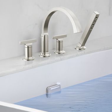 Click here to see Delta T4788-SS-PR-LHP Delta Tetra Roman Tub Trim with Hand Shower, Mid-Height Spout, (Less Handles), Lumicoat Stainless - T4788-SS-PR-LHP