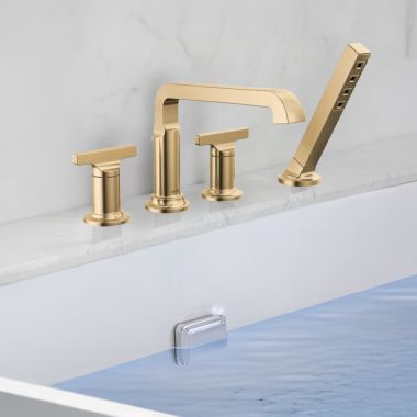 Click here to see Delta T4789-CZ-PR-LHP Delta Tetra Roman Tub Trim with Hand Shower, Angular Spout, (Less Handle), Lumicoat Champagne Bronze - T4789-CZ-PR-LHP