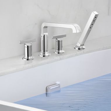 Click here to see Delta T4789-PR-LHP Delta Tetra Roman Tub Trim with Hand Shower, Angular Spout, (Less Handle), Lumicoat Chrome - T4789-PR-LHP