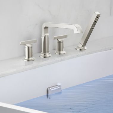 Click here to see Delta T4789-SS-PR-LHP Delta Tetra Roman Tub Trim with Hand Shower, Angular Spout, (Less Handle), Lumicoat Stainless - T4789-SS-PR-LHP