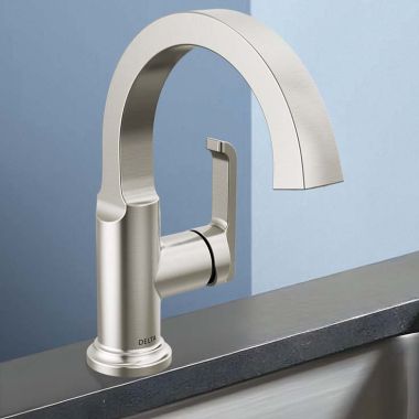 Click here to see Delta 588SH-SS-PR-DST Delta Tetra Single Handle Bathroom Faucet, Deck Mount, DIAMOND Seal, ADA, 1.2 GPM, Lumicoat Stainless - 588SH-SS-PR-DST