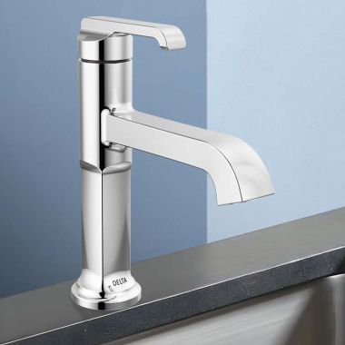 Click here to see Delta 589-PR-LPU-DST Delta Tetra Bathroom Faucet, Single Handle, Deck Mount, DIAMOND Seal, ADA, 1.2 GPM, (Less Pop-Up), Lumicoat Chrome - 589-PR-LPU-DST