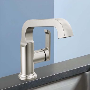Click here to see Delta 589SH-SS-PR-DST Delta Tetra One-Handle Bathroom Faucet w/ Metal Pop-Up, Side Handle, 1.2 GPM, Lumicoat Stainlees - 589SH-SS-PR-DST