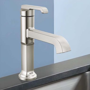 Click here to see Delta 589-SS-PR-LPU-DST Delta Tetra One-Handle Bathroom Faucet, 1.2 GPM, Less Pop-Up, Lumicoat Stainless - 589-SS-PR-LPU-DST