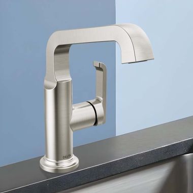 Click here to see Delta 689-SS-PR-DST Delta Tetra Single Handle Mid-Height Vessel Bathroom Faucet, DIAMOND Seal, ADA, 1.2 GPM, Lumicoat Stainless - 689-SS-PR-DST