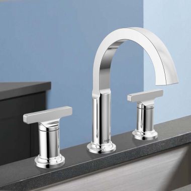 Click here to see Delta 355887-PR-DST Delta Tetra Widespread Bathroom Faucet, Two T-Lever Handles, DIAMOND Seal, ADA, 1.2 GPM, Lumicoat Chrome - 355887-PR-DST
