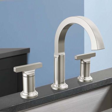 Click here to see Delta 355887-SS-PR-DST Delta Tetra Widespread Bathroom Faucet, Two T-Lever Handles, DIAMOND Seal, ADA, 1.2 GPM, Lumicoat Stainless - 355887-SS-PR-DST