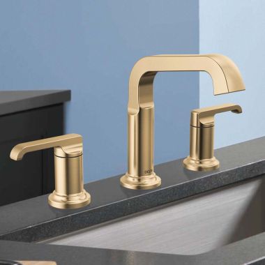 Click here to see Delta 35589-CZ-PR-DST Delta Tetra Widespread Bathroom Faucet, Two Handles, Deck Mount, DIAMOND Seal, ADA, 1.2 GPM, Lumicoat Champagne Bronze - 35589-CZ-PR-DST