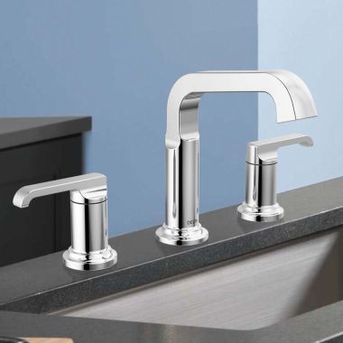 Click here to see Delta 35589-PR-DST Delta Tetra Widespread Bathroom Faucet, Two Handles, Deck Mount, DIAMOND Seal, ADA, 1.2 GPM, Lumicoat Chrome - 35589-PR-DST