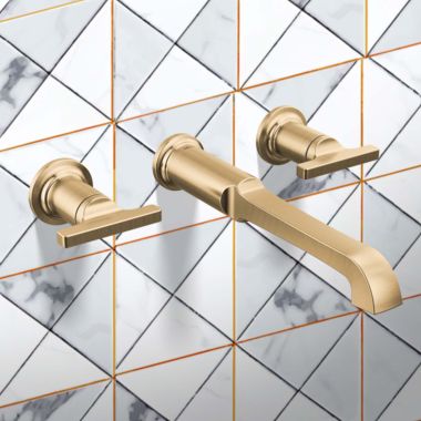 Click here to see Delta H592CZ-PR Delta Tetra Wall Mount Tub Filler T-Lever Handle, ADA-Complaint, Lumicoat Champagne Bronze - H592CZ-PR