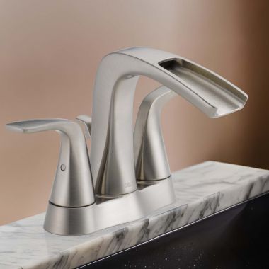 Click here to see Delta 25724LF-SS-ECO Delta Tolva Centerset Bathroom Faucet, Two Handle, Deck Mount, Laminar Flow, ADA, 1.2 GPM, Stainless - 25724LF-SS-ECO