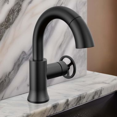 Click here to see Delta 558HAR-BLPD-DST Delta Trinsic Pull-Down Bathroom Faucet, Wheel Handle, High Arc Spout, DIAMOND Seal, MagnaTite Docking, 1.2 GPM, Matte Black - 558HAR-BLPD-DST
