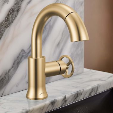 Click here to see Delta 558HAR-CZPD-DST Delta Trinsic Pull-Down Bathroom Faucet, Wheel Handle, High Arc Spout, DIAMOND Seal, MagnaTite Docking, 1.2 GPM, Champagne Bronze - 558HAR-CZPD-DST