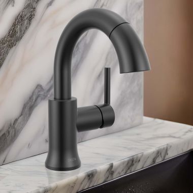 Click here to see Delta 559HAR-BLPD-DST Delta Trinsic Pull-Down Bathroom Faucet, Lever Handle, High Arc Spout, DIAMOND Seal, MagnaTite Docking, 1.2 GPM, Matte Black - 559HAR-BLPD-DST