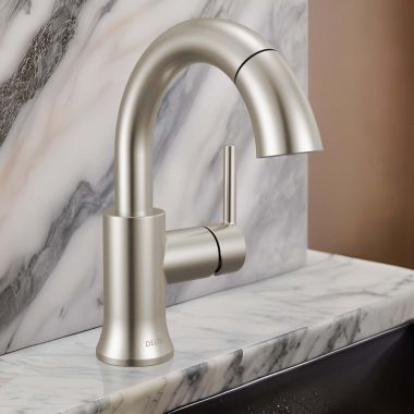 Click here to see Delta 559HAR-SSPD-DST Delta Trinsic Pull-Down Bathroom Faucet, Lever Handle, High Arc Spout, DIAMOND Seal, MagnaTite Docking, 1.2 GPM, Stainless - 559HAR-SSPD-DST