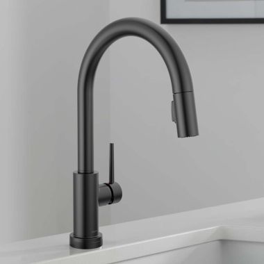 Click here to see Delta 9159TL-BL-DST Delta Trinsic High Arc Single Handle Kitchen Faucet with Touch2O, Lever Handle, ADA, 1.8 GPM, Matte Black - 9159TL-BL-DST