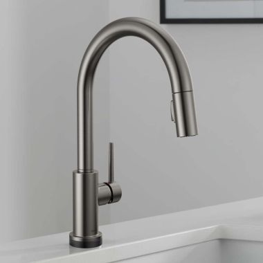 Click here to see Delta 9159TL-KS-DST Delta Trinsic High Arc Single Handle Kitchen Faucet with Touch2O, Lever Handle, ADA, 1.8 GPM, Black Stainless - 9159TL-KS-DST