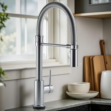 Click here to see Delta 9659TL-AR-DST Delta Trinsic Pull-Down Single-Hole Kitchen Faucet with Touch2O, Magnetic Docking, ADA, 1.8 GPM, Arctic Stainless - 9659TL-AR-DST