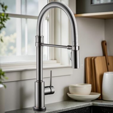 Click here to see Delta 9659TL-KS-DST Delta Trinsic Pull-Down Single-Hole Kitchen Faucet with Touch2O, Magnetic Docking, ADA, 1.8 GPM, Black Stainless - 9659TL-KS-DST