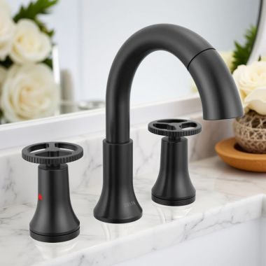 Click here to see Delta 3558-BLPD-DST Delta Trinsic Pull Down Widespread Bathroom Faucet, DIAMOND Seal, MagnaTite, WaterSense, Two Wheel Handles, 1.2 GPM, Matte Black - 3558-BLPD-DST