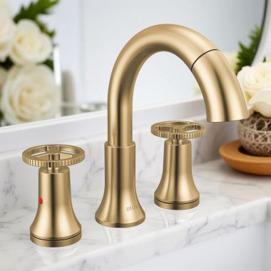 Click here to see Delta 3558-CZPD-DST Delta Trinsic Pull Down Widespread Bathroom Faucet, DIAMOND Seal, MagnaTite, WaterSense, Two Wheel Handles, 1.2 GPM, Champagne Bronze - 3558-CZPD-DST