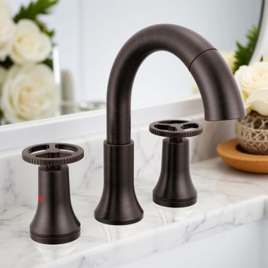 Click here to see Delta 3558-RBPD-DST Delta Trinsic Pull Down Widespread Bathroom Faucet, DIAMOND Seal, MagnaTite, WaterSense, Two Wheel Handles, 1.2 GPM, Venetian Bronze - 3558-RBPD-DST