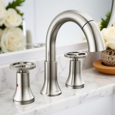 Click here to see Delta 3558-SSPD-DST Delta Trinsic Pull Down Widespread Bathroom Faucet, DIAMOND Seal, MagnaTite, WaterSense, Two Wheel Handles, 1.2 GPM, Stainless - 3558-SSPD-DST