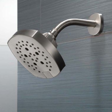 Click here to see Delta 52663-SS-PR Delta H2Okinetic Five-Setting Shower Head with Push Button Diverter, 1.75 GPM, Lumicoat Stainless - 52663-SS-PR