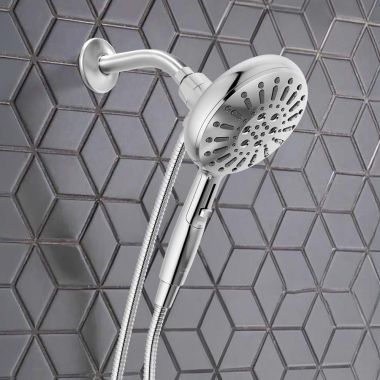 Click here to see Delta 54910-PR-PK Delta 7-Setting Hand Shower, SureDock, Touch-Clean, H2Okinetic PowerDrench Spray, 1.75 GPM, Lumicoat Chrome - 54910-PR-PK