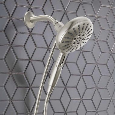 Click here to see Delta 54910-SS-PR-PK Delta 7-Setting Hand Shower, SureDock, Touch-Clean, H2Okinetic PowerDrench Spray, 1.75 GPM, Lumicoat Stainless - 54910-SS-PR-PK