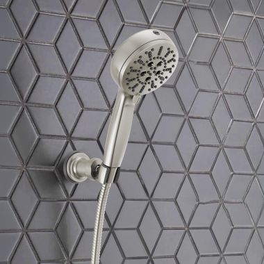 Click here to see Delta 55884-SS-PR Delta Wall Mount Hand Shower, H2Okinetic PowerDrench, ProClean, Touch-Clean, 7 Setting, 1.75 GPM, Lumicoat Stainless - 55884-SS-PR