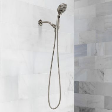 Click here to see Delta 75716SN Delta Universal Showering Wall Mount Hand Shower, 7-Setting, H2Okinetic, Touch-Clean, 1.75 GPM, Satin Nickel - 75716SN