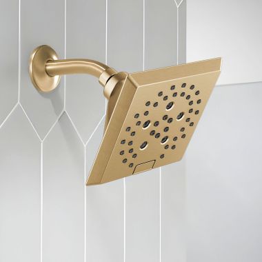 Click here to see Delta 52664-CZ-PR Delta Universal Showering Angular Modern Raincan Shower Head, 5-Setting, H2Okinetic, TouchClean, 17.75 GPM, Lumicoat Champagne Bronze - 52664-CZ-PR