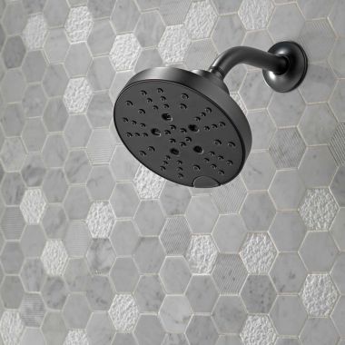 Click here to see Delta 75568BL Delta Universal Showering Shower Head, 5-Setting, H2Okinetic, TouchClean, 1.75 GPM, Matte Black - 75568BL