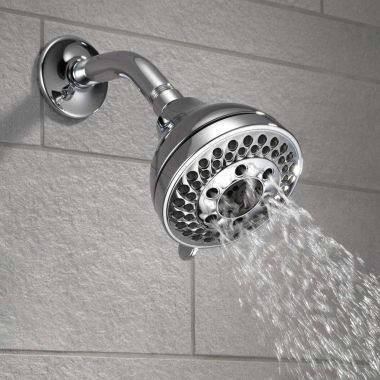 Click here to see Delta 75569C Delta Universal Showering Shower Head, 5-Setting, H2Okinetic, TouchClean, 1.75 GPM, Chrome - 75569C