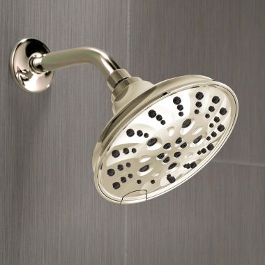 Click here to see Delta 52669-PN-PR Delta H2Okinetic 5-Setting Traditional Raincan Shower Head, 1.75 GPM, Lumicoat Polished Nickel - 52669-PN-PR
