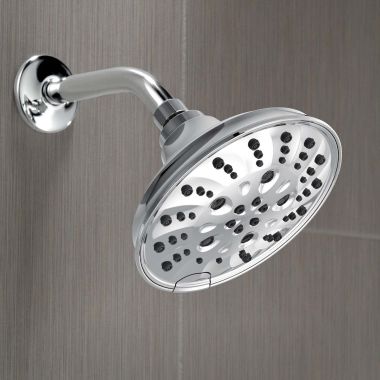 Click here to see Delta 52669-PR Delta H2Okinetic 5-Setting Traditional Raincan Shower Head, 1.75 GPM, Lumicoat Chrome - 52669-PR