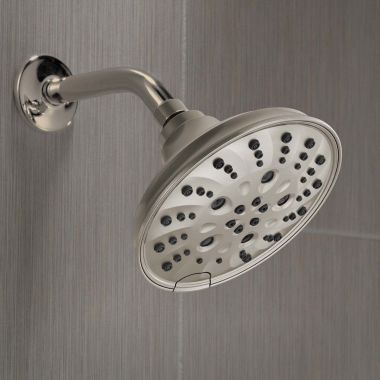 Click here to see Delta 52669-SS-PR Delta H2Okinetic 5-Setting Traditional Raincan Shower Head, 1.75 GPM, Lumicoat Stainless - 52669-SS-PR