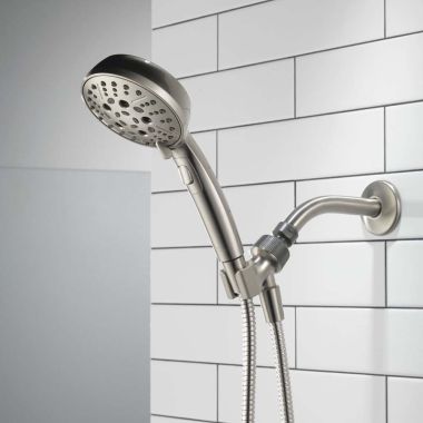 Click here to see Delta 75536SN Delta 6-Setting Hand Shower, H2Okinetic, PowerDrench, TouchClean, 1.75 GPM, WaterSense, Satin Nickel- 75536SN