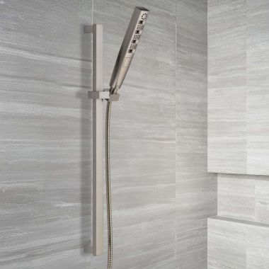 Click here to see Delta 51140-SS-PR Delta Universal Showering Hand Shower w/Slide Bar, 4-Setting, H2Okinetic, TouchClean, 1.75 GPM, Lumicoat Stainless - 51140-SS-PR